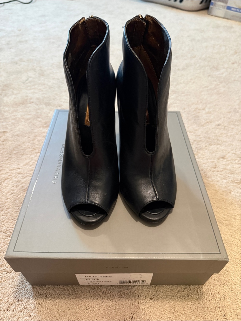 BCBG Black Peep-Toe Leather Ankle Booties - size 6.5